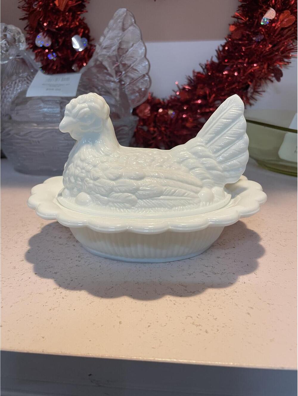 Mosser Glass White Milk Glass Hen on Nest 6 Inch Vintage Candy Dish